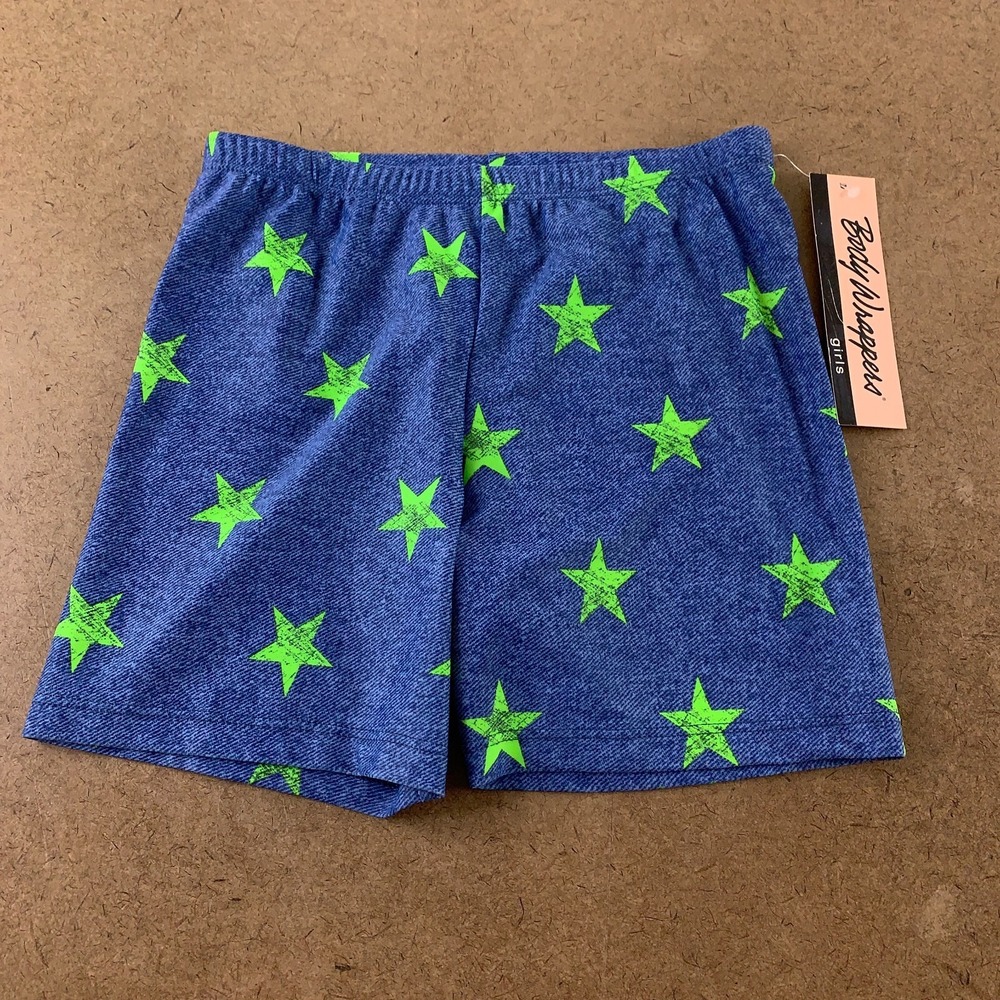 Body Wrappers Girls Size 12-14 Blue Green Star Print Denim Look Dance Short NWT
